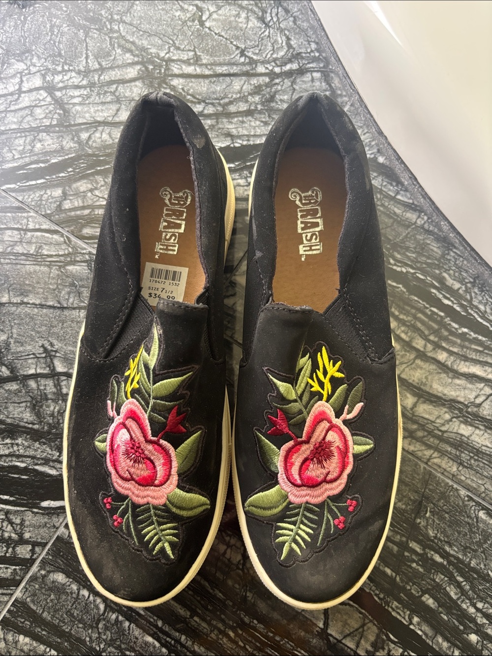 Women's Black Slip-On Sneakers with Pink Floral Embroidery